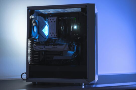 High-performance gaming PC with custom cooling and RGB lighting.
