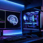Modern gaming PC setup with RGB lighting, dual monitors, and sleek design.