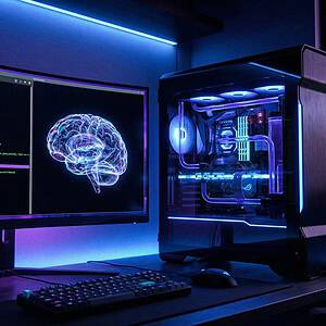 Modern gaming PC setup with RGB lighting, dual monitors, and sleek design.