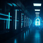 Futuristic data center with glowing blue security lock symbol.