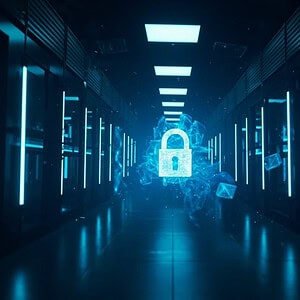 Futuristic data center with glowing blue security lock symbol.