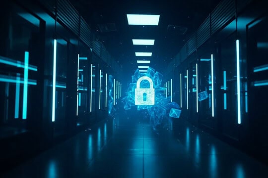 Futuristic data center with glowing blue security lock symbol.